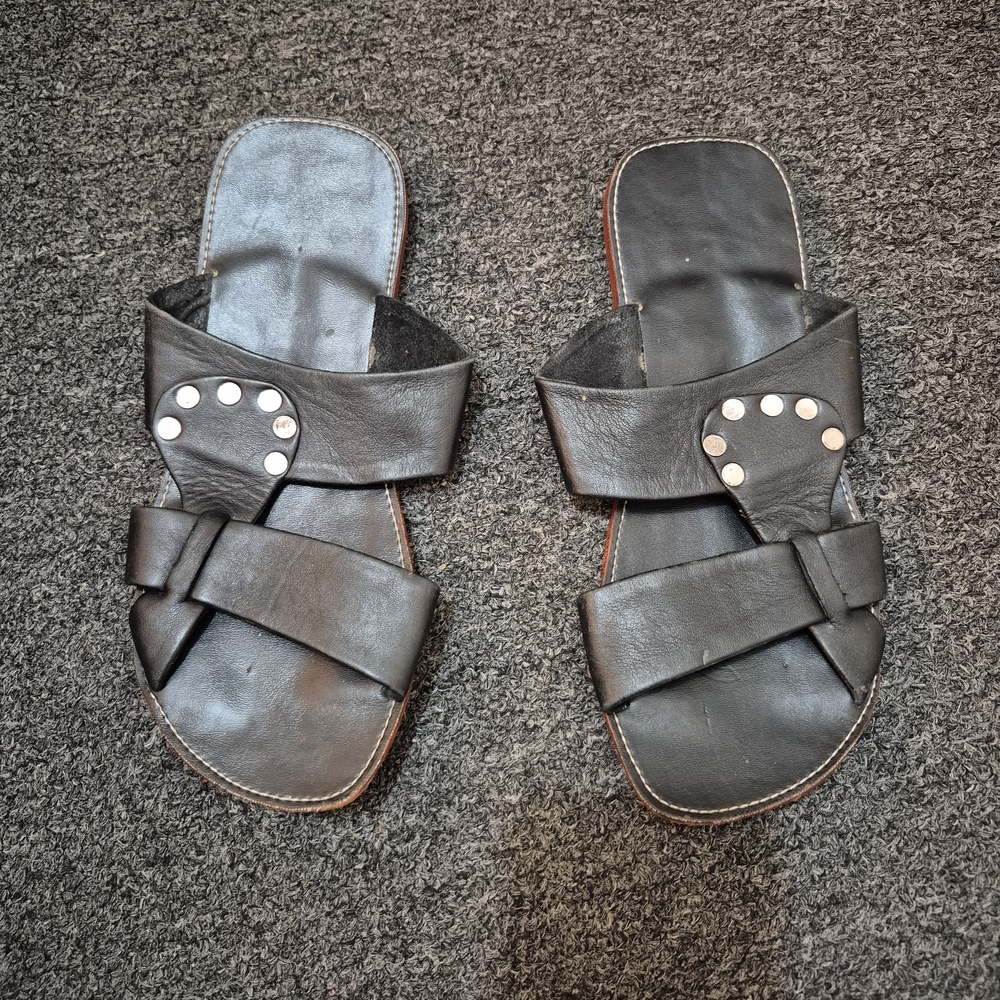 Black Leather Slide Sandals with Studs